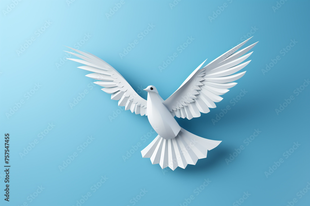 Fototapeta premium White paper origami bird on blue background сreated with Generative Ai