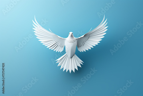 White paper origami bird on blue background сreated with Generative Ai © Andrii Yablonskyi