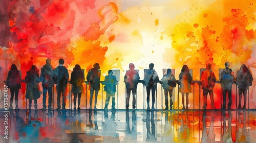 Watercolor art of silhouettes of people at polling station during sunset. Concept of elections, evening voting, democratic participation, electoral process, and civic duty. Aquarelle