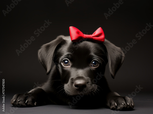 A cute black Labrador Retriever puppy with red bow, black background, square banner for Puppy Day celebration, concepr for adoption and caring pets in need and provides resources for food, shelter photo