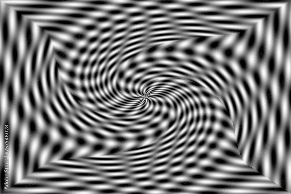 Naklejka premium Siatkowy rozmyty wzór w biało - czarnej kolorystyce ze spiralnym wirem w centrum - abstrakcyjne tło graficzne