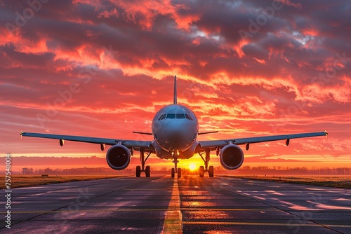 Capturing the anticipation of travel, this image shows a jetliner preparing for takeoff at dawn, with the early sky's orange and pink hues reflecting on its fuselage.