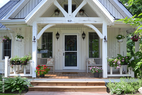 Charming White House With Porch and Flower Boxes