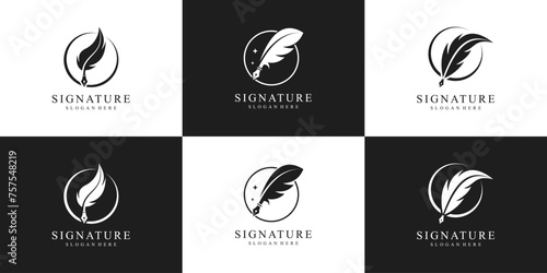 Set of quill signature logo design inspiration. simple feather ink logo for notary, document, history, certificate and etc.