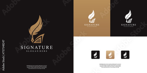 Golden quill signature logo design. simple feather ink logo design inspiration.