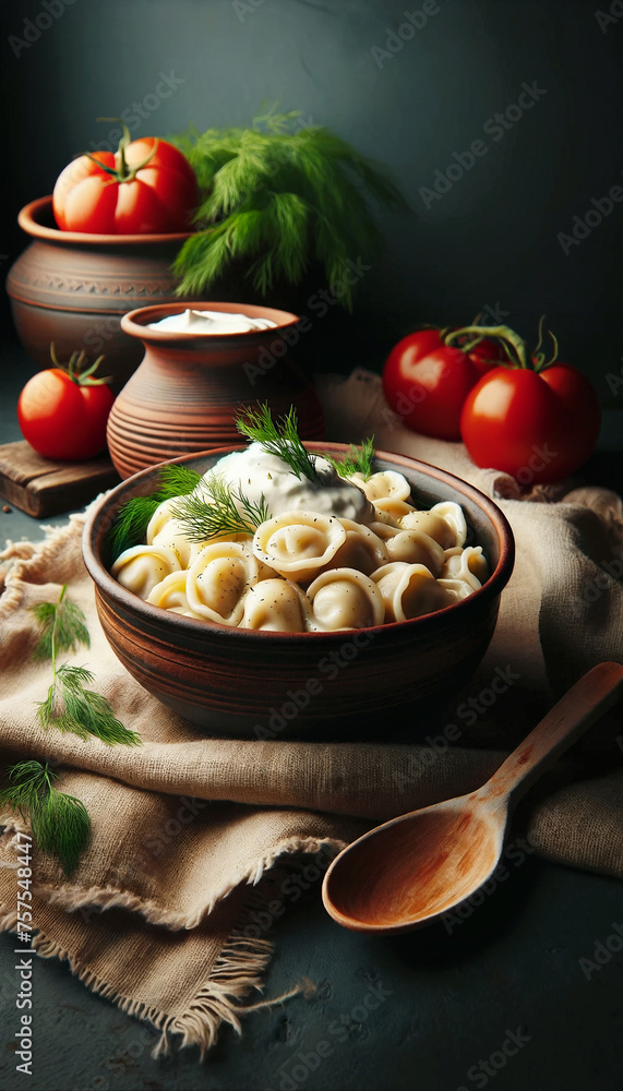 A vertical composition of a bowl of cooked pelmeni garnished with a sprinkle of dill, placed on a dark background. In the scene, there's a terracotta A vertical composition of a bowl of cooked pelmeni garnished with a sprinkle of dill, placed on a dark background. In the scene, there's a terracotta