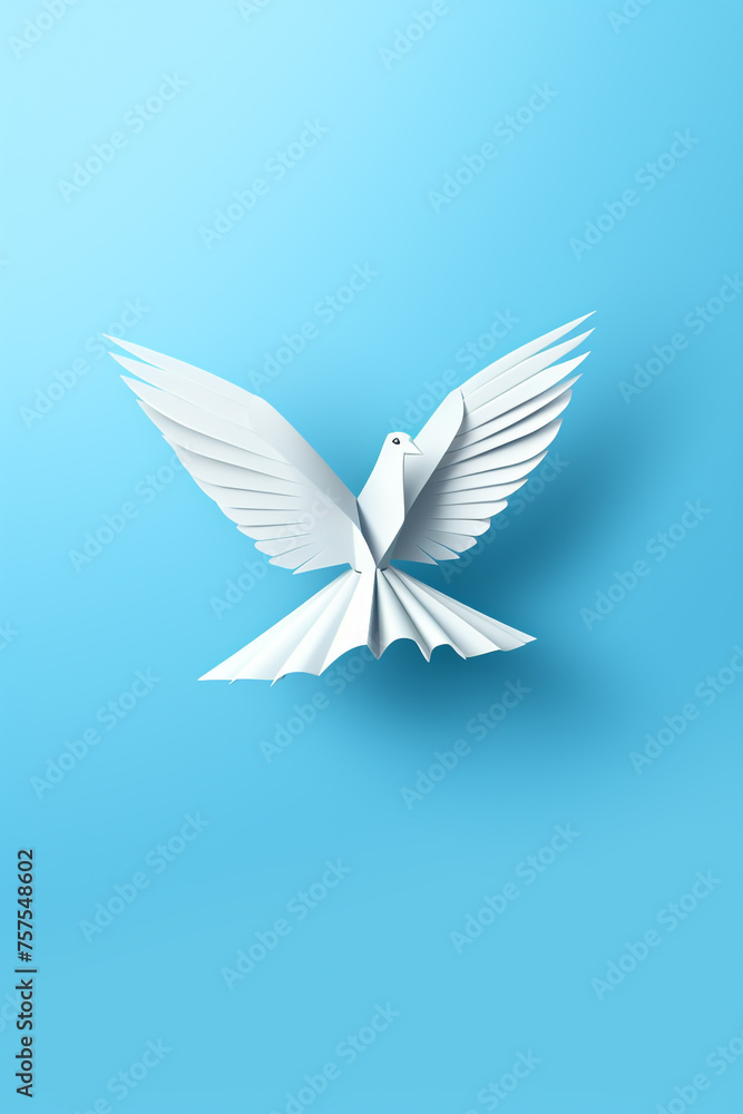 White paper origami bird on blue background. World Day of Peace banner space for Text сreated with Generative Ai White paper origami bird on blue background. World Day of Peace banner space for Text сreated with Generative Ai