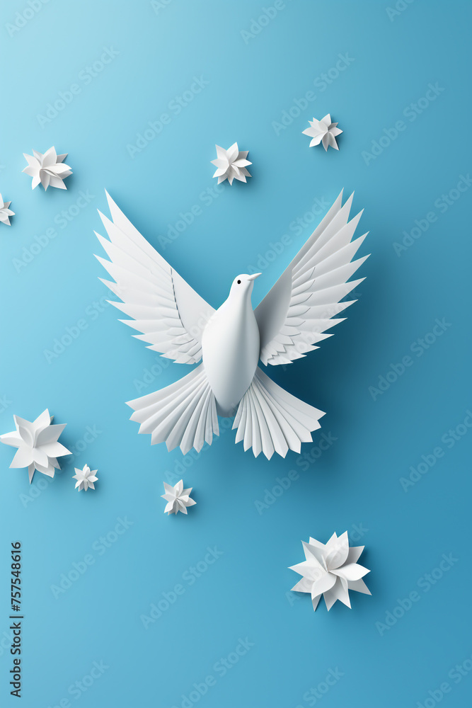 White paper origami bird on blue background. World Day of Peace banner space for Text сreated with Generative Ai White paper origami bird on blue background. World Day of Peace banner space for Text сreated with Generative Ai