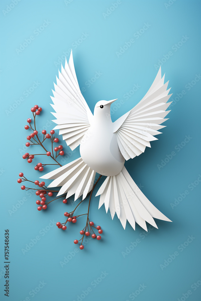 White paper origami bird on blue background. World Day of Peace banner space for Text сreated with Generative Ai White paper origami bird on blue background. World Day of Peace banner space for Text сreated with Generative Ai