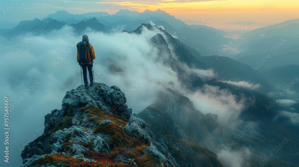 A lone hiker reaching the summit of a mountain, pausing to look out over the expansive view below, with layers of mountains fading into the distance and the early morning fog lifting