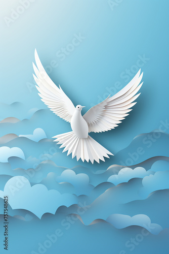 White paper origami bird on blue background. World Day of Peace banner space for Text   reated with Generative Ai