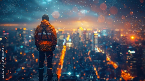 A lone construction worker takes a brief moment to survey the sprawling cityscape from the roof of the building site. Clad in a safety harness and reflective gear, the worker represents photo