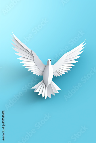 White paper origami bird on blue background. World Day of Peace banner space for Text сreated with Generative Ai © Andrii Yablonskyi