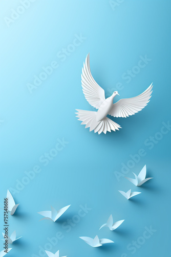 White paper origami bird on blue background. World Day of Peace banner space for Text сreated with Generative Ai © Andrii Yablonskyi