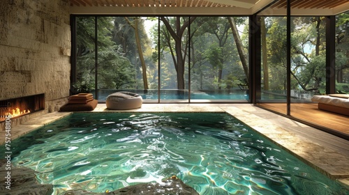 A luxurious indoor pool with crystal clear water, surrounded by large windows that offer a stunning view of the surrounding nature, creating a serene and private oasis