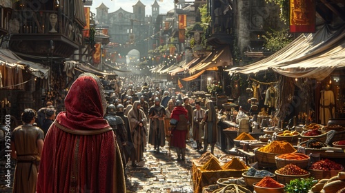A medieval marketplace bustling with activity, vendors selling exotic spices, fabrics, and handcrafted goods, knights and townsfolk mingling, and the vibrant life photo