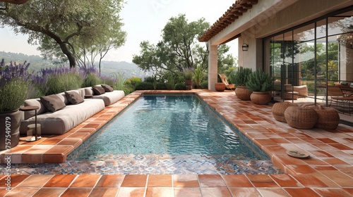 A Mediterranean-inspired pool design with terracotta tiles and a mosaic pool bottom, surrounded by olive trees and fragrant lavender bushes, creating a warm and inviting outdoor space  photo