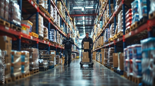 A moment of teamwork between two warehouse workers as they lift and stack heavy boxes onto a cart for transport. Their coordinated effort in navigating through the warehouse aisles