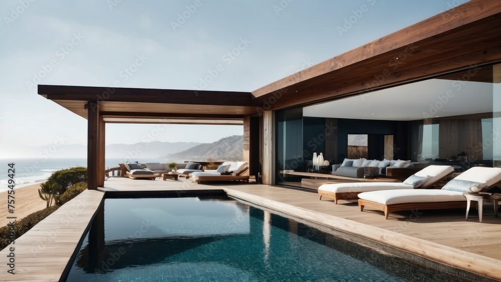 Fototapeta premium Luxurious beachfront residence featuring a private rooftop infinity pool with panoramic views of the Pacific Ocean in Malibu, California