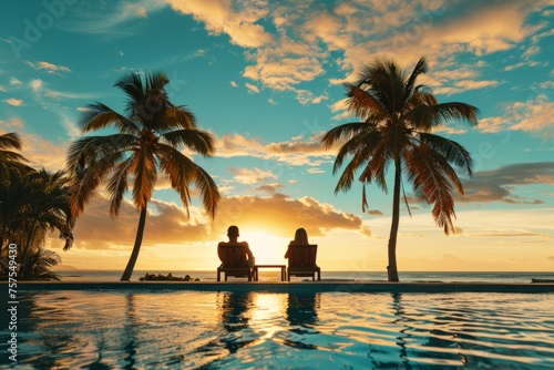 Two people relaxing on deck chairs by the pool at sunset in a tropical resort with palm trees and a beach view. A man and woman sitting back on lounge chairs Generative AI photo