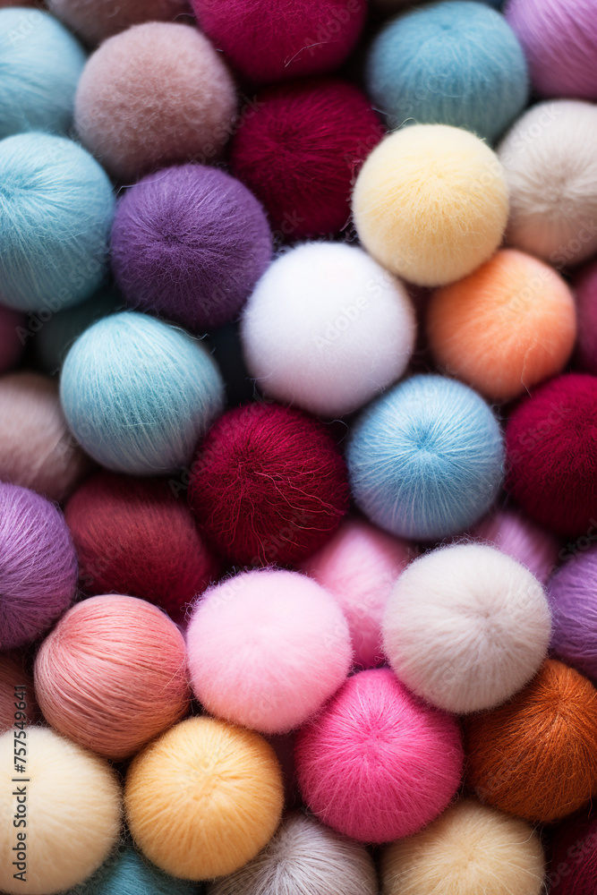 Different color wool balls on texture background, closeup view сreated with Generative Ai Different color wool balls on texture background, closeup view сreated with Generative Ai