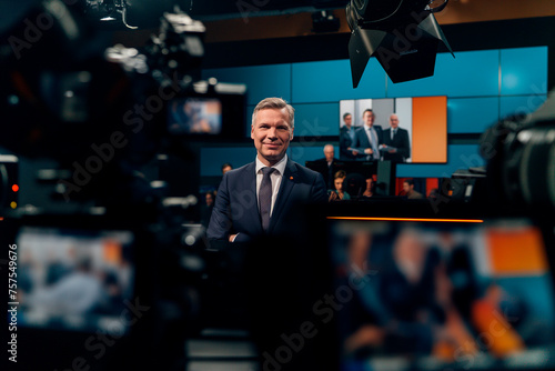 news anchor with many cameras in front of him photo