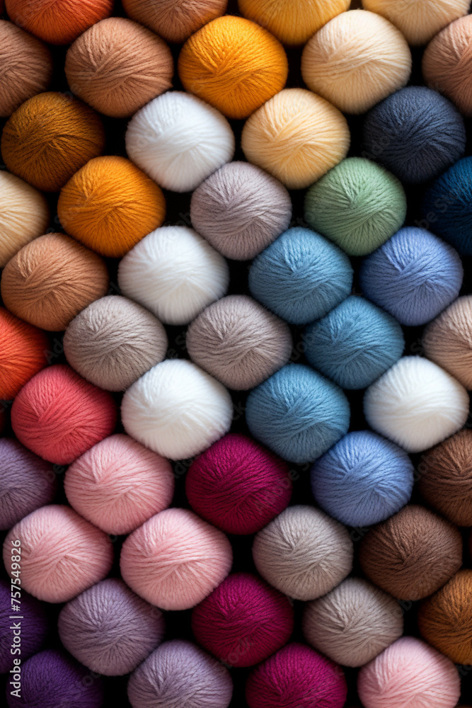 Fototapeta premium Different color wool balls on texture background, closeup view сreated with Generative Ai