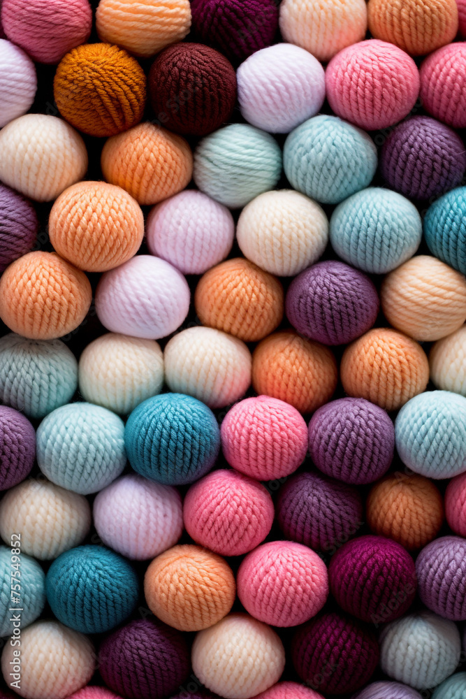 Fototapeta premium Different color wool balls on texture background, closeup view сreated with Generative Ai