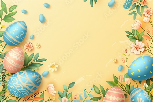 Illustration of decorated easter eggs and flowers with copyspace