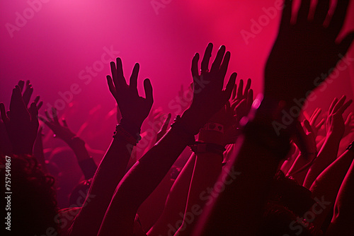 concert guests raise their hands to give a standing ovation at concert