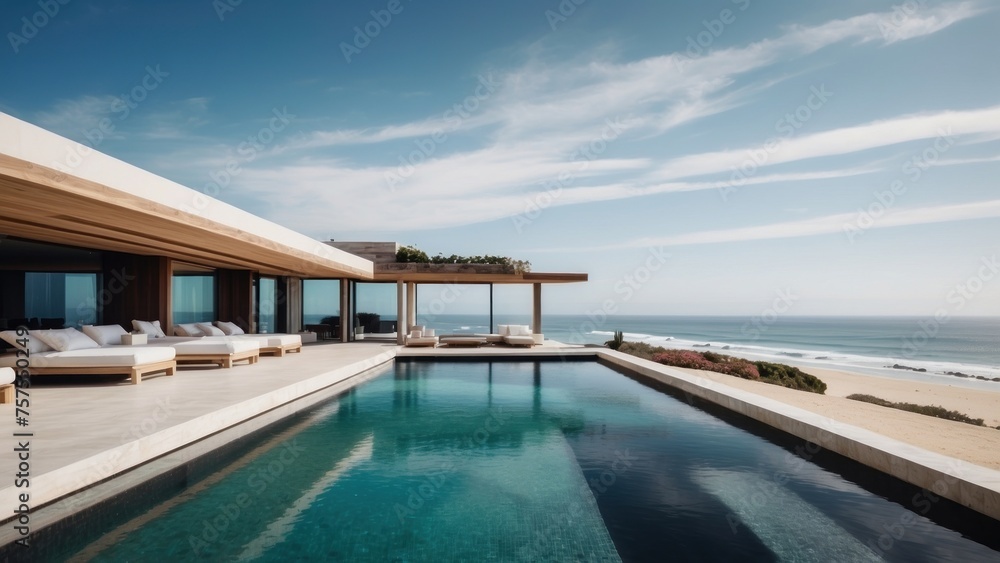 Obraz premium Luxurious beachfront residence featuring a private rooftop infinity pool with panoramic views of the Pacific Ocean in Malibu, California