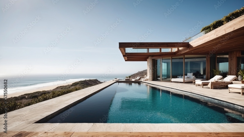 Fototapeta premium Luxurious beachfront residence featuring a private rooftop infinity pool with panoramic views of the Pacific Ocean in Malibu, California