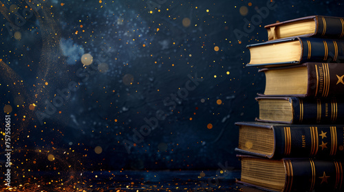 Stack of vintage books with golden pages against a dark blue mystical backdrop with golden bokeh. Reading and knowledge concept. Banner for World Book Day with copy space. © NeuroCake