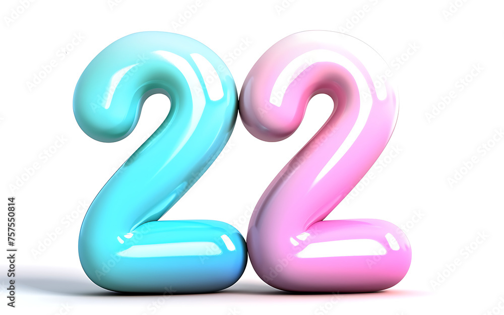 number “22” with each numeral in different colors – one in glossy turquoise and the other in glossy pink. number “22” with each numeral in different colors – one in glossy turquoise and the other in glossy pink.