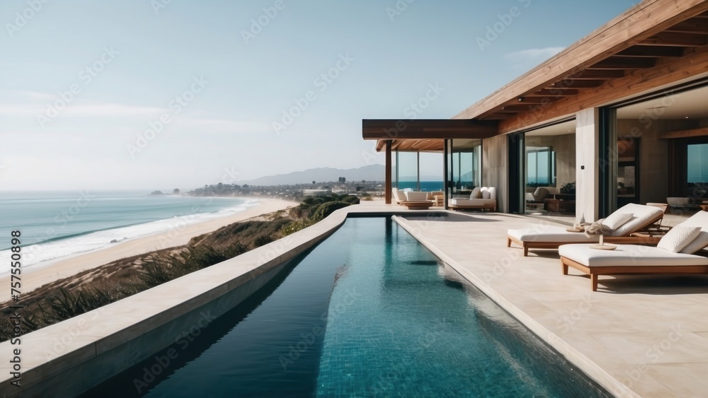 Luxurious beachfront residence featuring a private rooftop infinity pool with panoramic views of the Pacific Ocean in Malibu, California Luxurious beachfront residence featuring a private rooftop infinity pool with panoramic views of the Pacific Ocean in Malibu, California