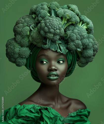 Woman with broccoli headpiece and matching green makeup