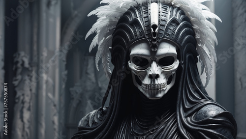 Ancient temple skeleton skull guardian statue with a silent death stare carved out of black and white marble stone with intricate detail - Fantasy role playing avatar figure concept.
