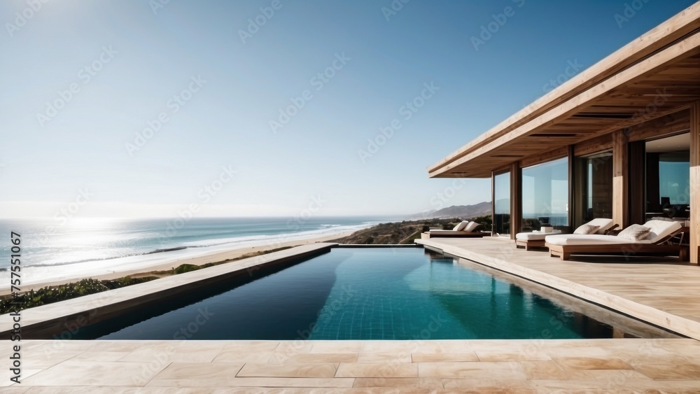 Luxurious beachfront residence featuring a private rooftop infinity pool with panoramic views of the Pacific Ocean in Malibu, California