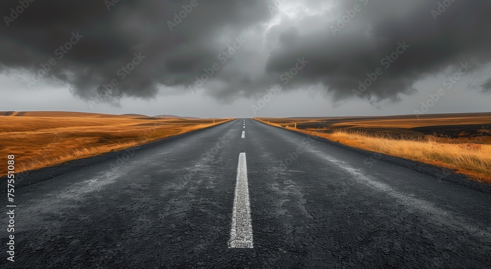 Stormy Road Journey: Dark Clouds Over Golden Fields