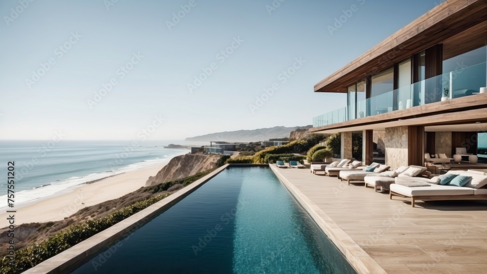 Luxurious beachfront residence featuring a private rooftop infinity pool with panoramic views of the Pacific Ocean in Malibu, California