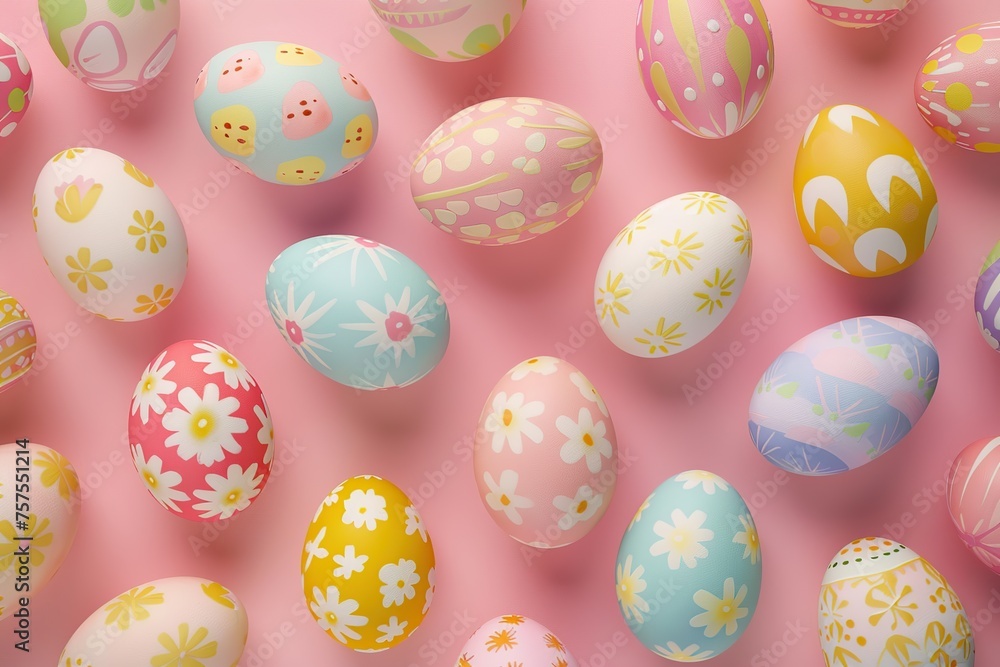 Colorful painted decorated easter eggs on pink background