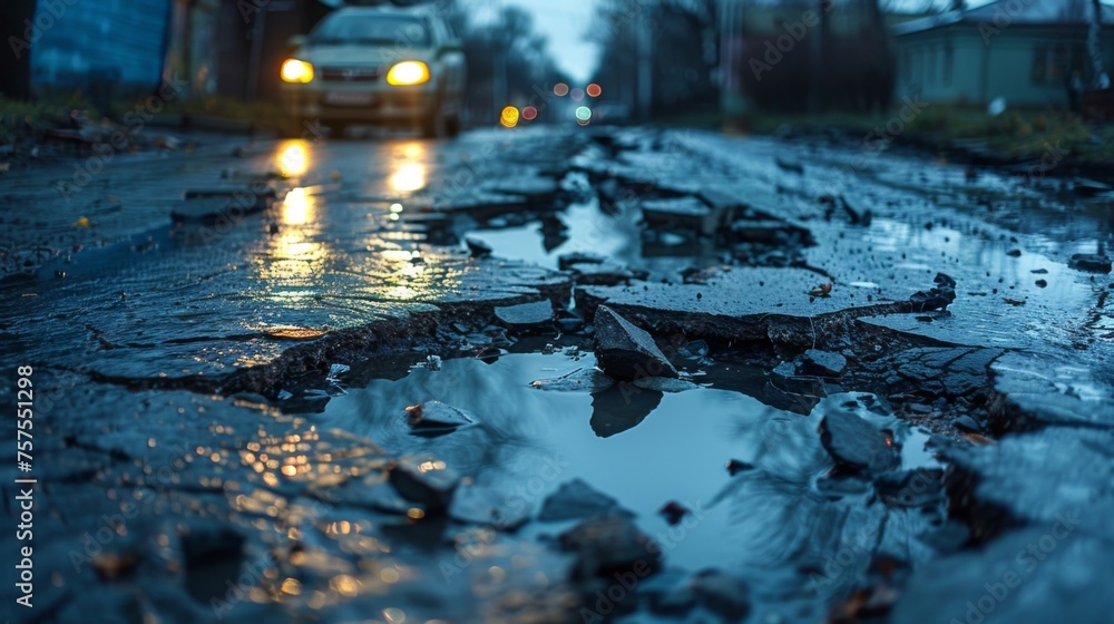 A photograph from the driver perspective showing a car headlights illuminating a severely damaged road surface, with potholes and cracks creating a hazardous driving environment A photograph from the driver perspective showing a car headlights illuminating a severely damaged road surface, with potholes and cracks creating a hazardous driving environment