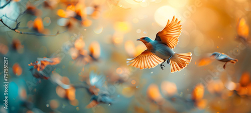 A stunning capture of a bird with outstretched wings mid-flight, surrounded by a flurry of golden autumn leaves, evoking a sense of freedom and beauty