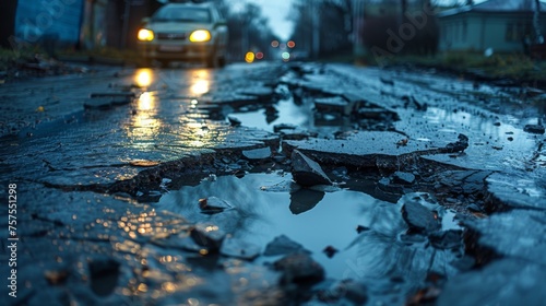 A photograph from the driver perspective showing a car headlights illuminating a severely damaged road surface, with potholes and cracks creating a hazardous driving environment photo