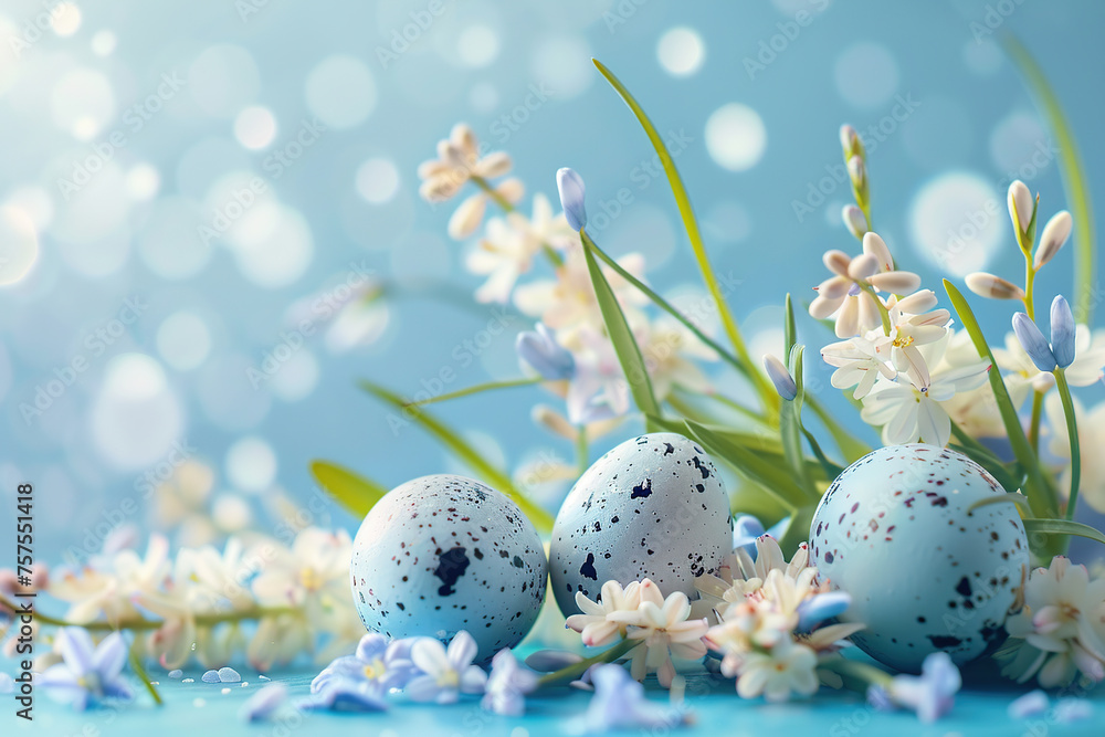 Decorated easter eggs and flowers on blurred blue background Decorated easter eggs and flowers on blurred blue background