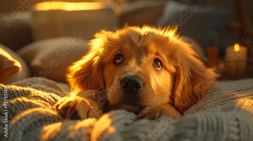 A playful scene of a golden retriever puppy exploring the living room  with its nose curiously sniffing at a slightly ajar treat jar on the lower shelf  surrounded by scattered cushions and a soft 