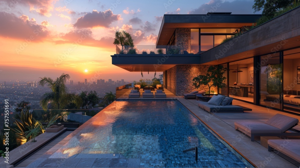 A rooftop pool on a modern urban home, providing a luxurious escape with panoramic city views, equipped with stylish lounge furniture and mood lighting for evening gatherings  - obrazy, fototapety, plakaty 