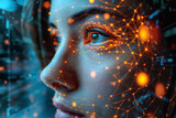 Woman's face overlaid with a glowing network pattern, facial recognition technology
