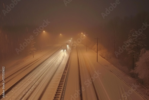 Foggy city with cars speeding on a highway at night, lights blurred in motion capturing the essence of travel and fast-paced transportation