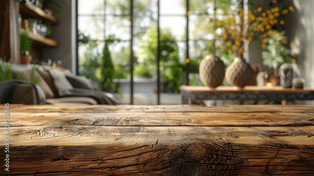 A rustic yet elegant wooden countertop, polished to perfection, offering ample copy space against a softly blurred background of a cozy, well-lit living room, perfect for showcasing home decor A rustic yet elegant wooden countertop, polished to perfection, offering ample copy space against a softly blurred background of a cozy, well-lit living room, perfect for showcasing home decor